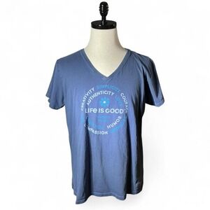 Life is Good Crusher Tee Womens XL Navy Blue V Neck Timeless Values Graphic
